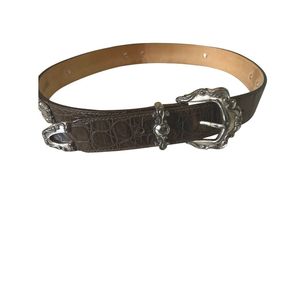 Brighton Western Brown Croc Embossed Leather Belt Silver Ornate Concho Accents